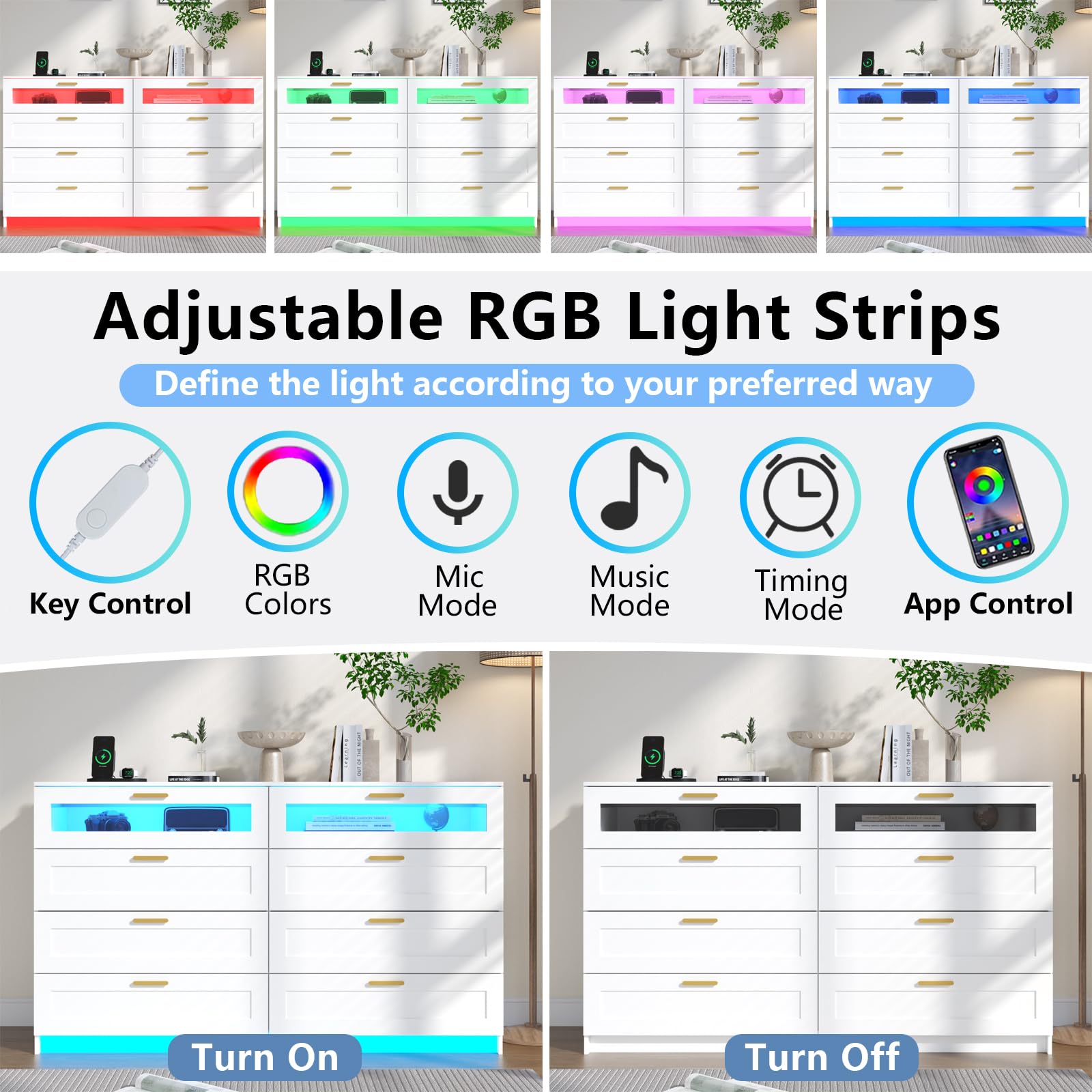 8-Drawer Dresser with LED Lights & Charging Station