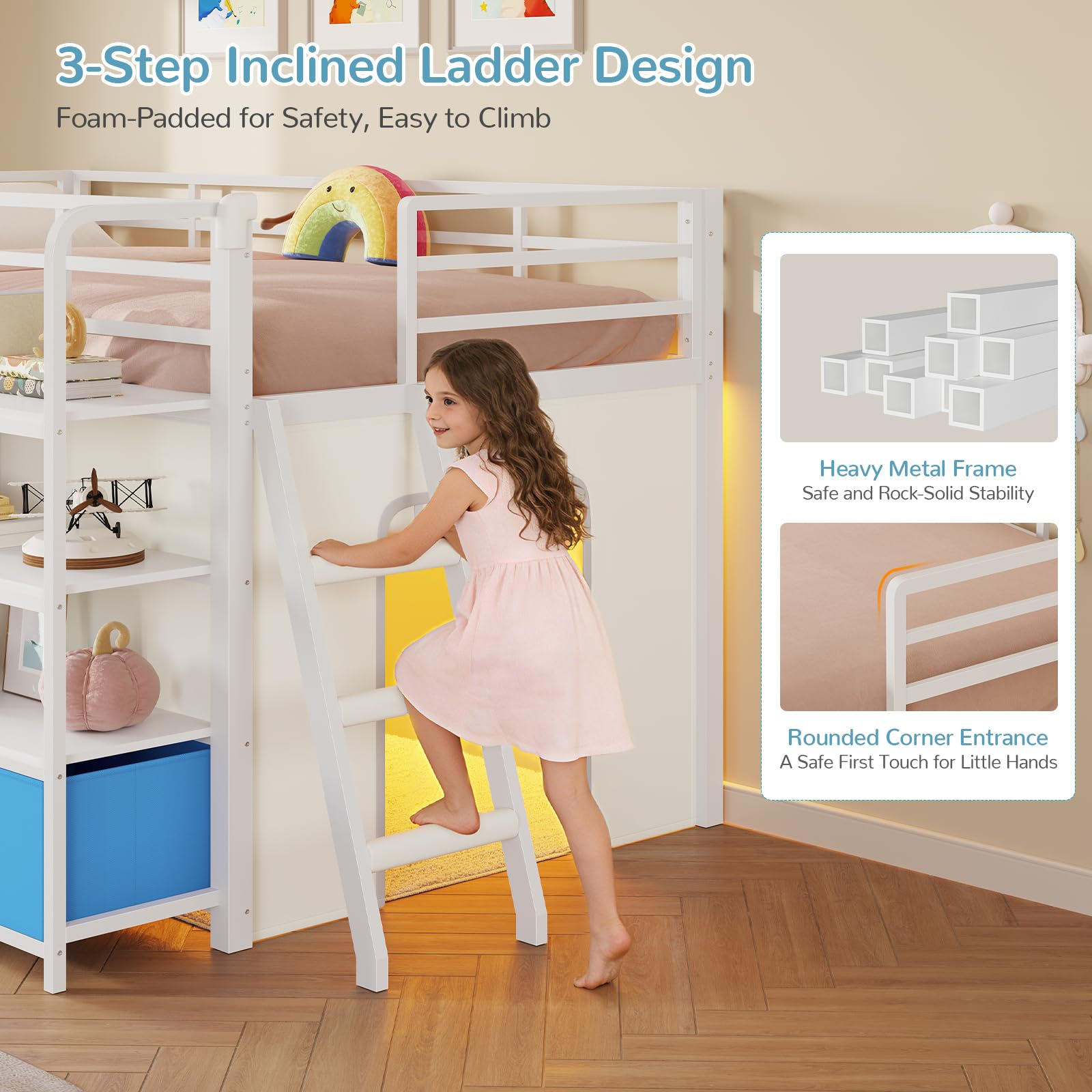 Kids Twin Low Loft Bed with Desk & Storage