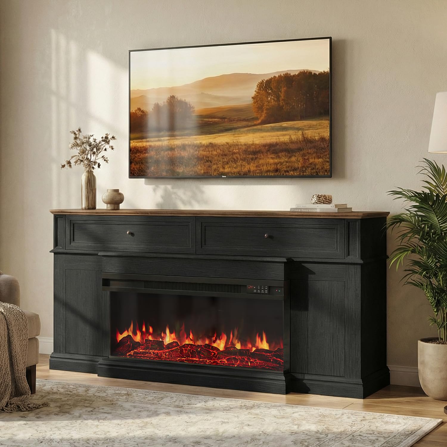 63 inch Fireplace TV Stand for TVs up to 70" with 36" 3-Sided Electric Fireplace with Mantel, Modern Media Entertainment Center, Farmhouse TV Console for Living Room with Drawers and Storage, Black