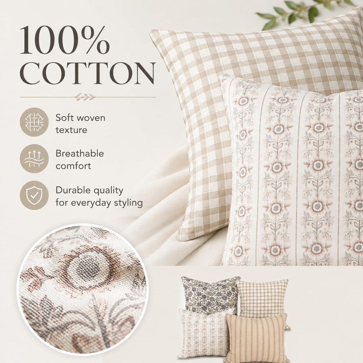 Cotton Throw Pillow Covers, Set of 4