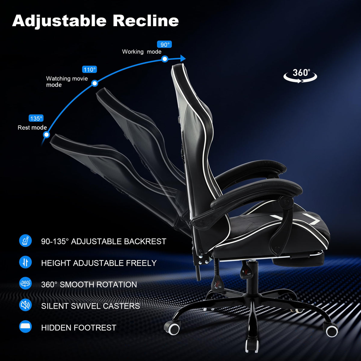 Small Gaming Chair Black and White, Comfortable Gaming Chair with Footrest