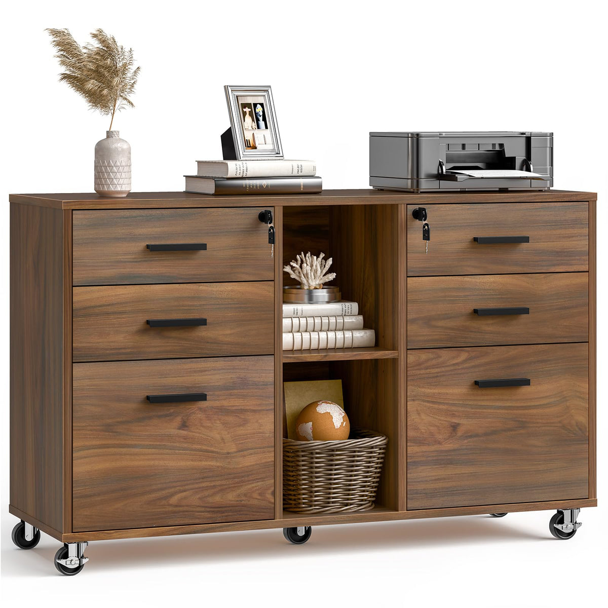 Mobile Lateral File Cabinet with Lock, Rolling Filing Cabinet, Brown