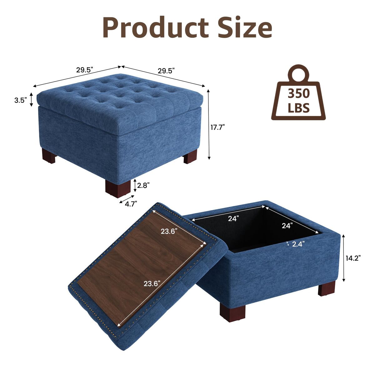 YUUIJOAA 30 Inch Square Storage Ottoman,Modern Tufted Coffee Table Ottoman with Removable Top,Upholstered Large Ottoman with Storage Footrest Stool for Bedroom Living Room Blue