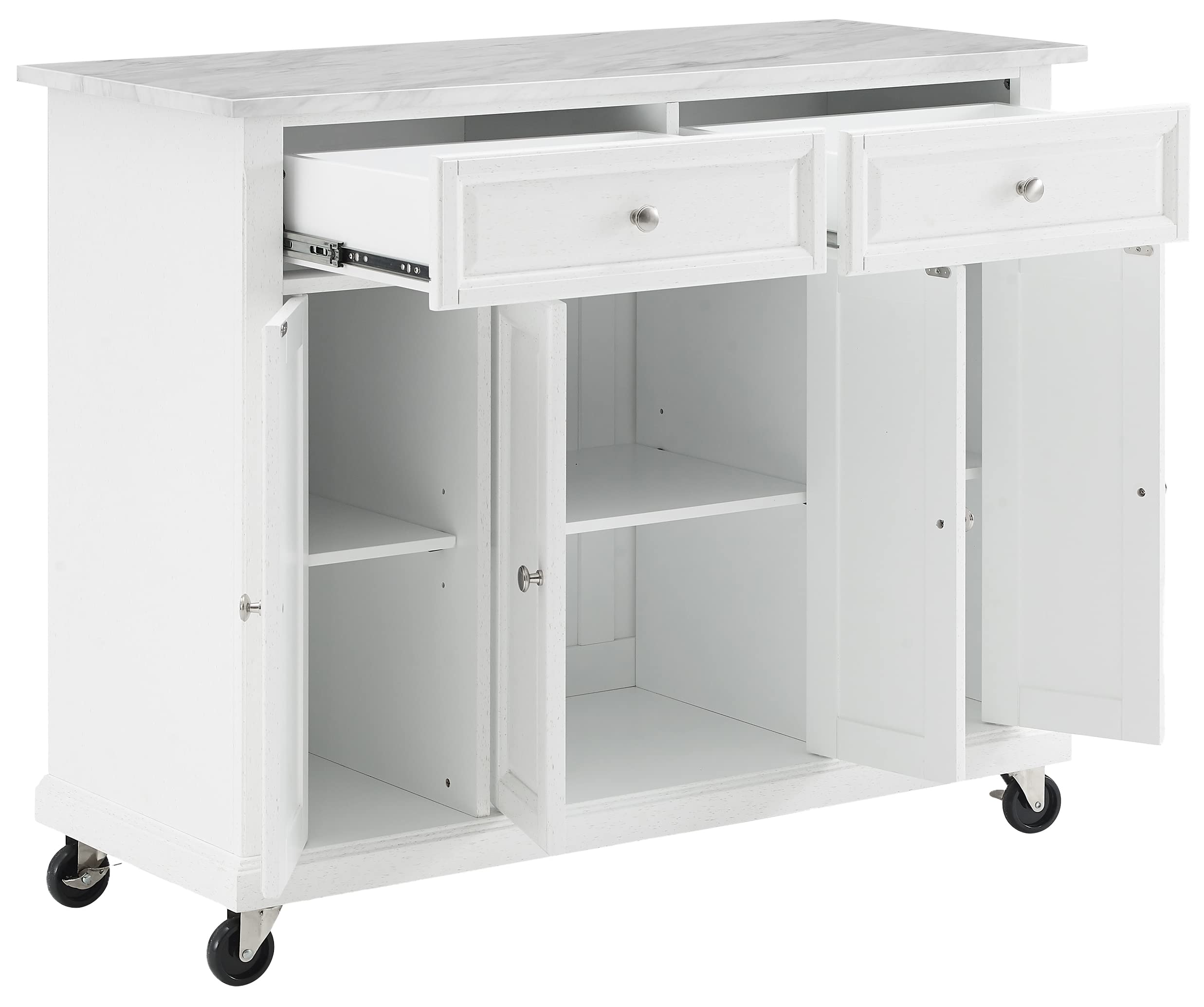 Crosley Furniture Avery Rolling Kitchen Island Storage Cart with Shelves, Microwave Stand, Coffee Bar, Distressed White