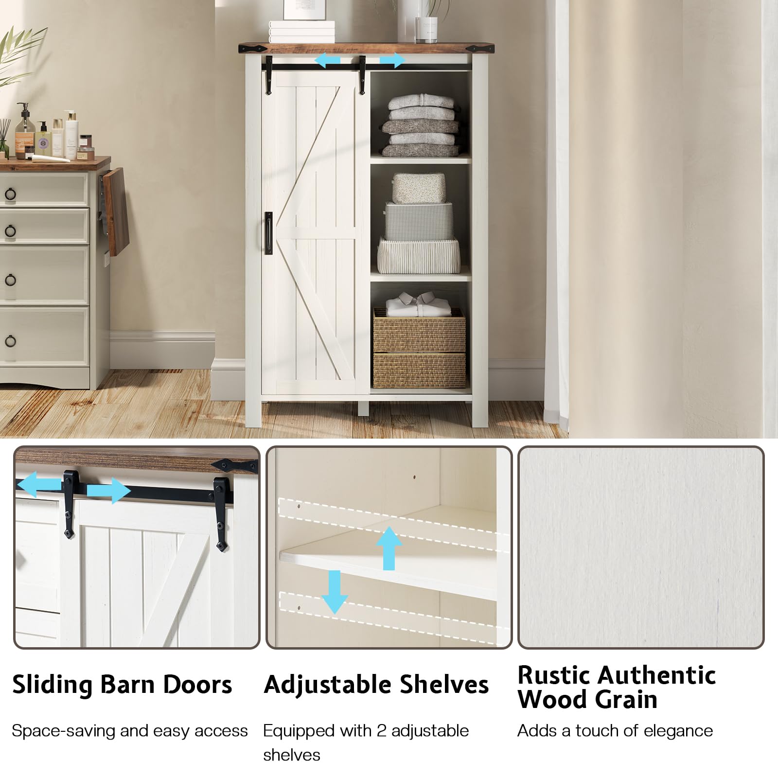 LUXOAK 3 Pieces Bedroom Set - Includes 60" Farmhouse Dresser, 48" Chest of Drawers with Sliding Barn Doors, 48" Tall Storage Cabinet with 5 Drawers, Rustic White