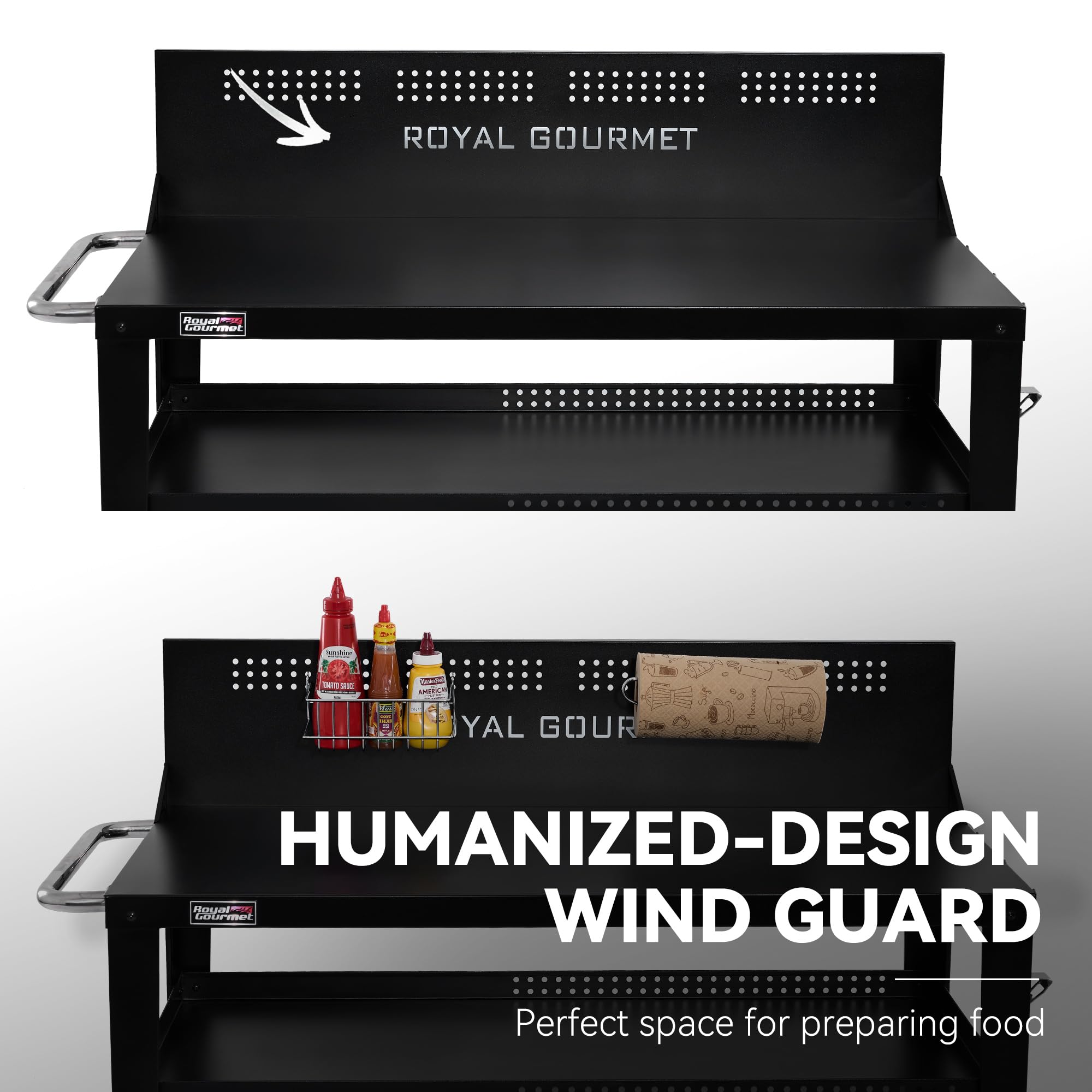 Royal Gourmet PC4401B 3-Tier Dining Cart with Wind Guard, Sturdy Structure and Ample Storage Shelves, for Indoor & Outdoor use，with Bottle Opener, Hooks, Wine Rack, Multifunctional Side Handle, Black