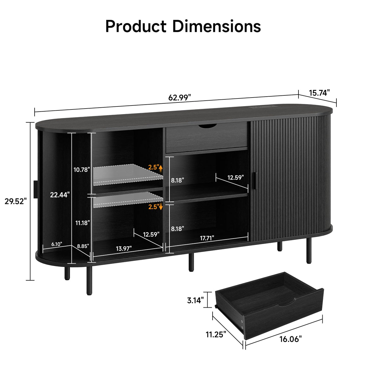 ONBRILL 63" Sideboard Buffet Cabinet with Storage Drawer & Shelves,Black