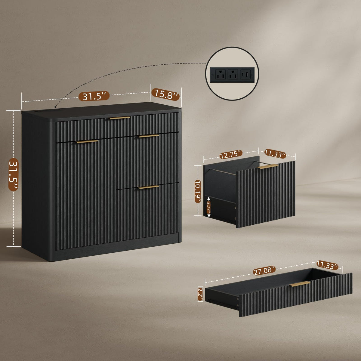 3-Drawer Filing Cabinet with Power Outlets