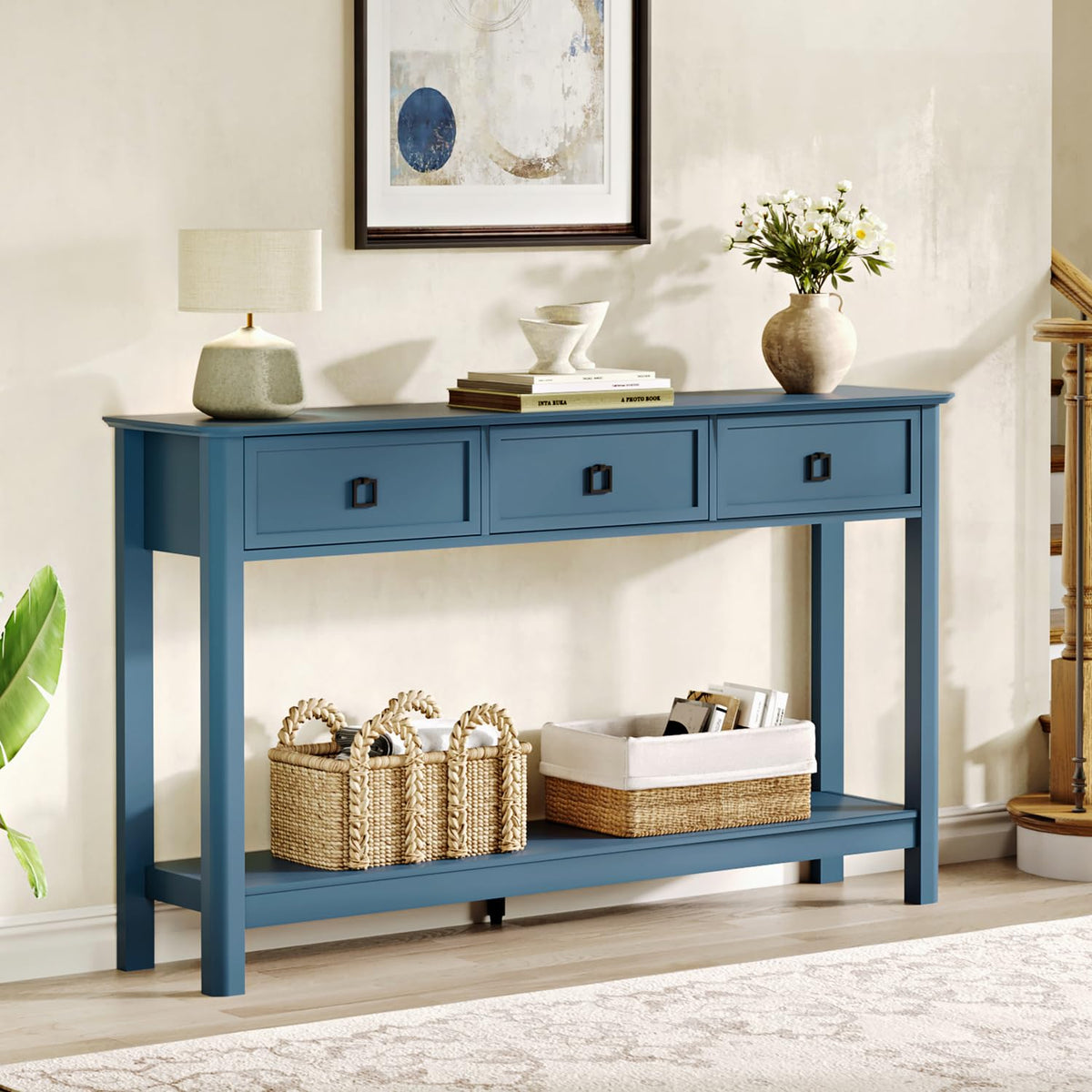 Blue Console Table with 3 Drawers