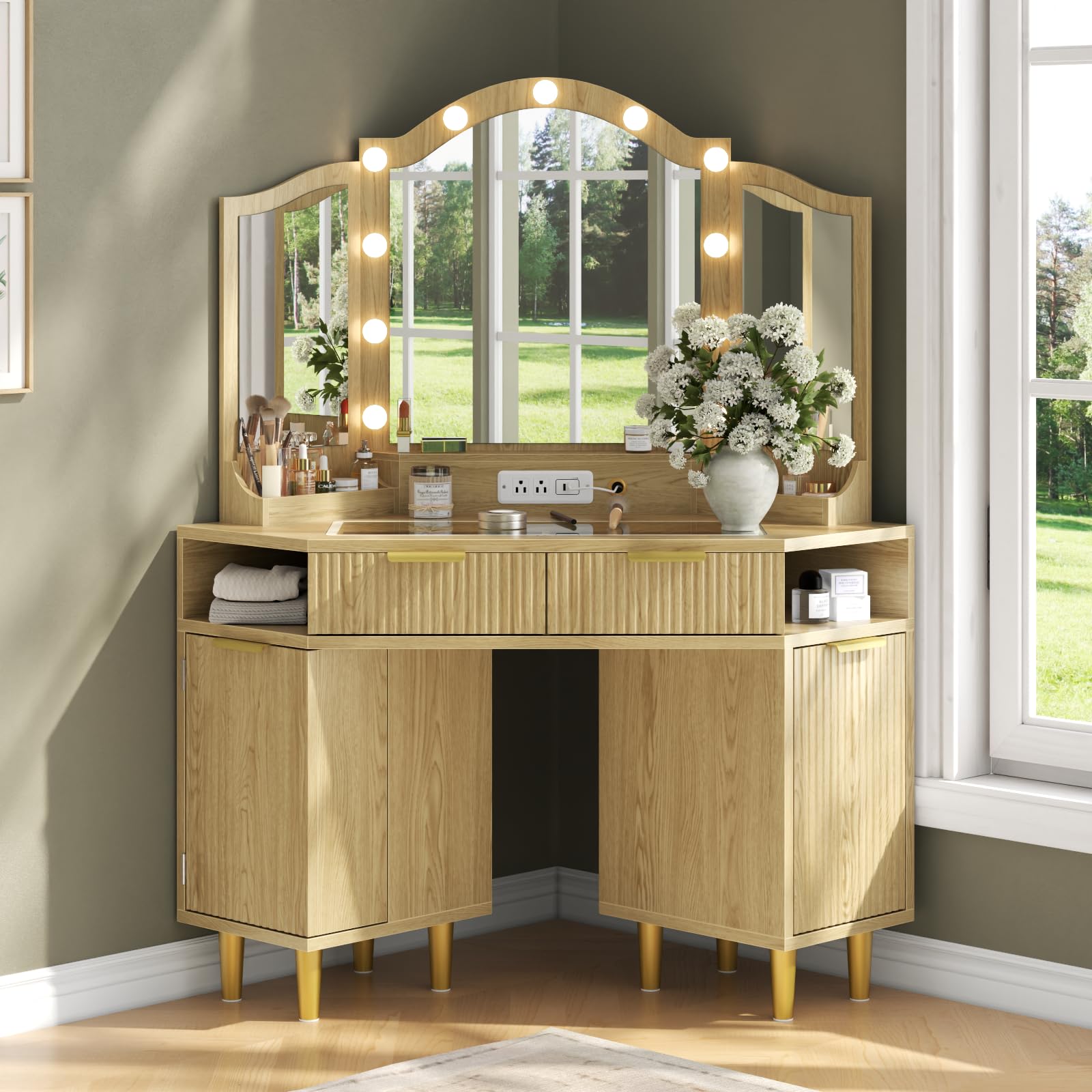Corner Vanity Desk with LED Mirror & Storage