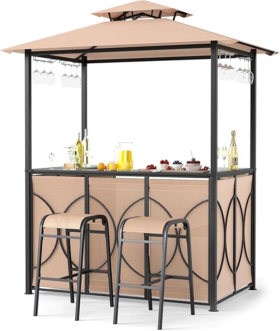 3-Piece Patio Bar Set with Grill Gazebo & Bar Stools