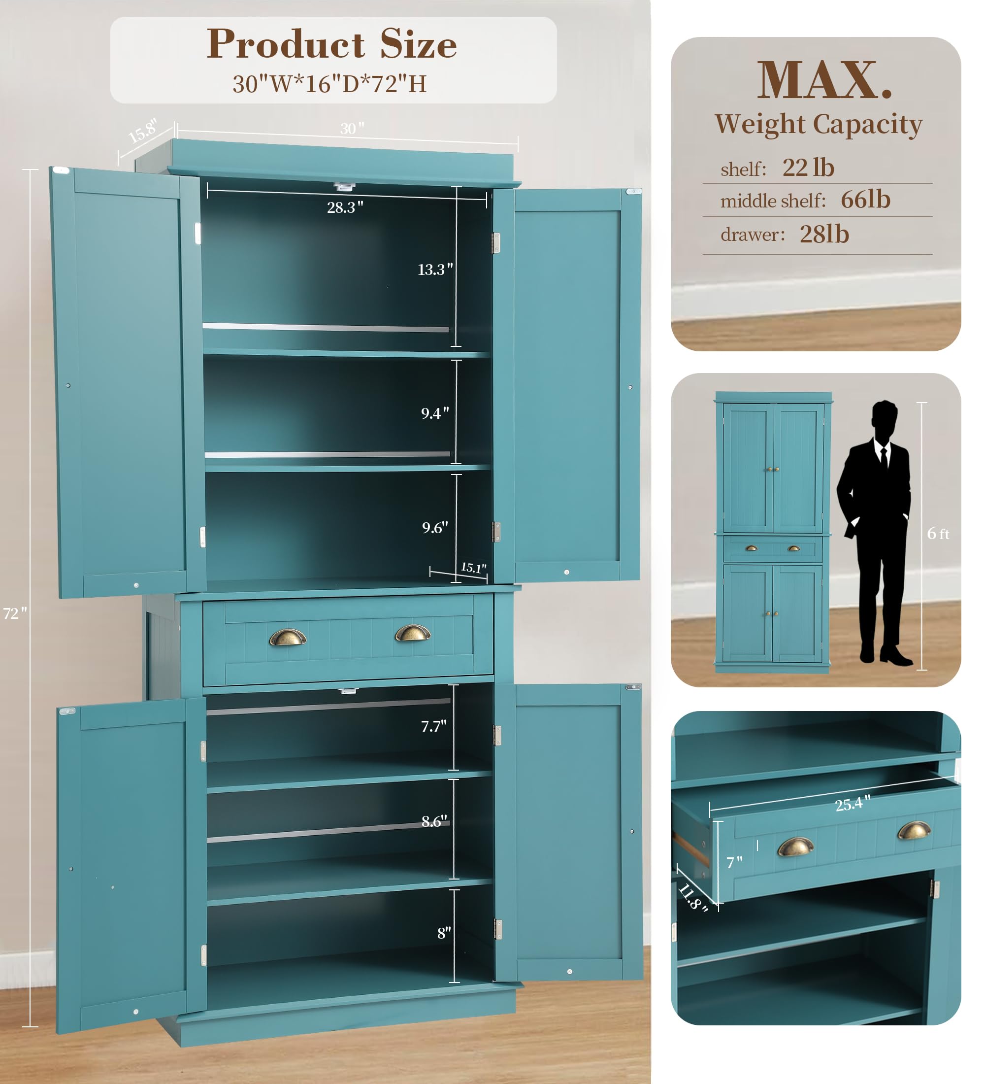 KIGOTY 72" Tall Kitchen Pantry Cabinet with Drawer and 4 Adjustable Shelves, Freestanding Pantry Storage Cabinets, Wood Cupboard Pantry Cabinet for Kitchen, Dining Room, Living Room, Turquoise