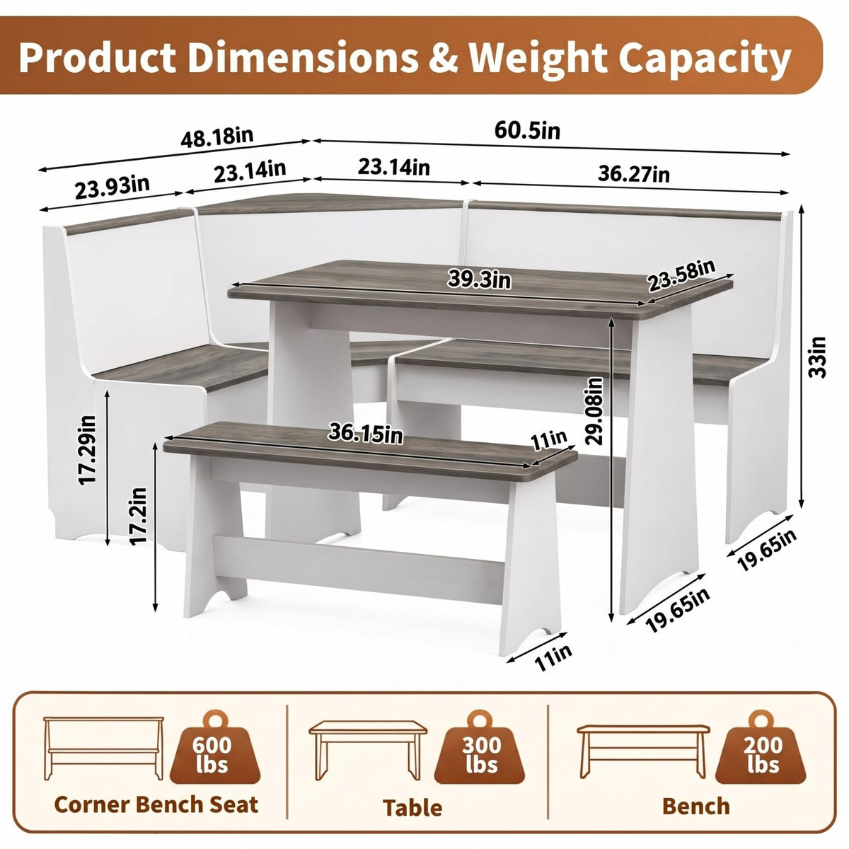 Dekoryn Corner Breakfast Nook Table Set, White and Grey