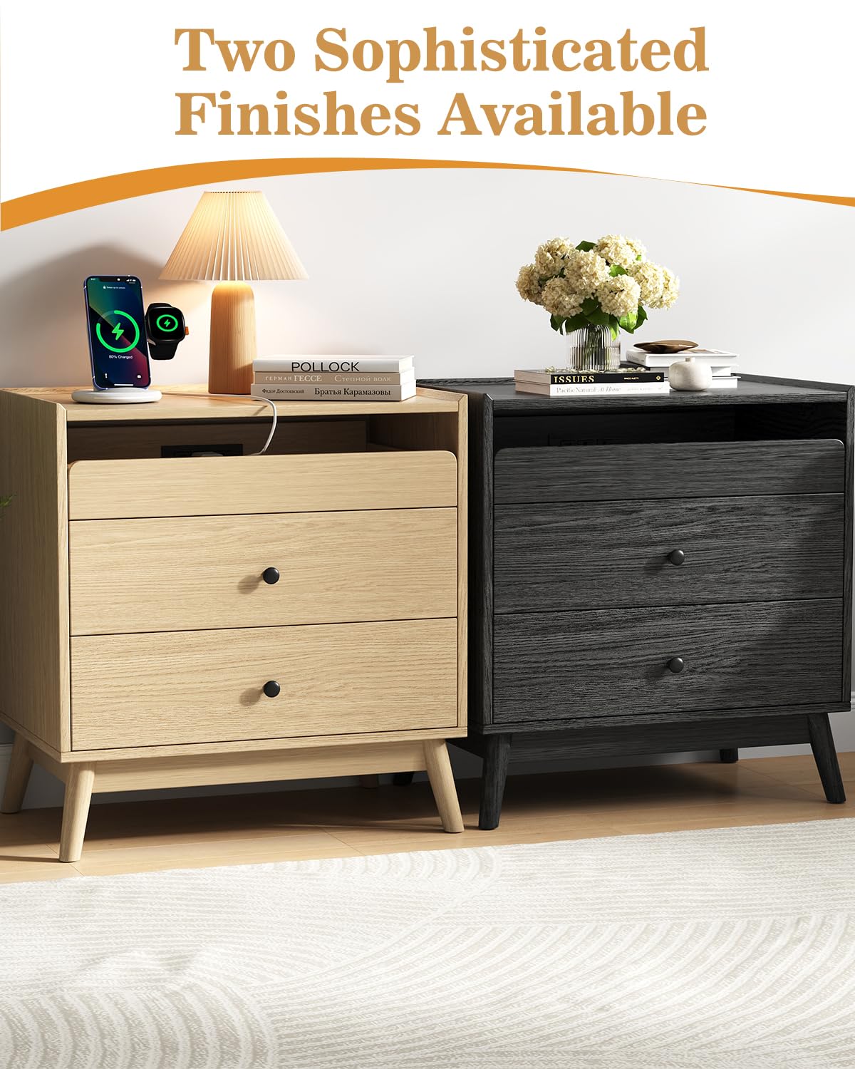 24" Wide Nightstand Set of 2, Hidden Charging Station, 2 Drawers Night Stand with Pull-Out Shelf, Modern Beside End Table for Bedroom, Living Room, Closet, Natural Wood