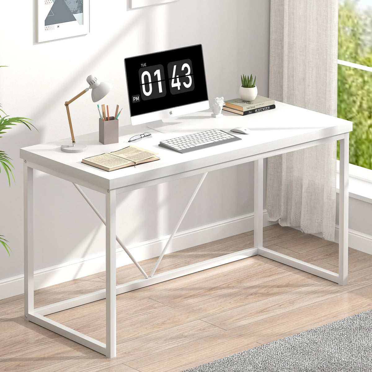 EXCEFUR White Computer Desk, Modern Home Office Desk, Small Wood Study Writing Table Workstation for Bedroom Living Room, 47 inch
