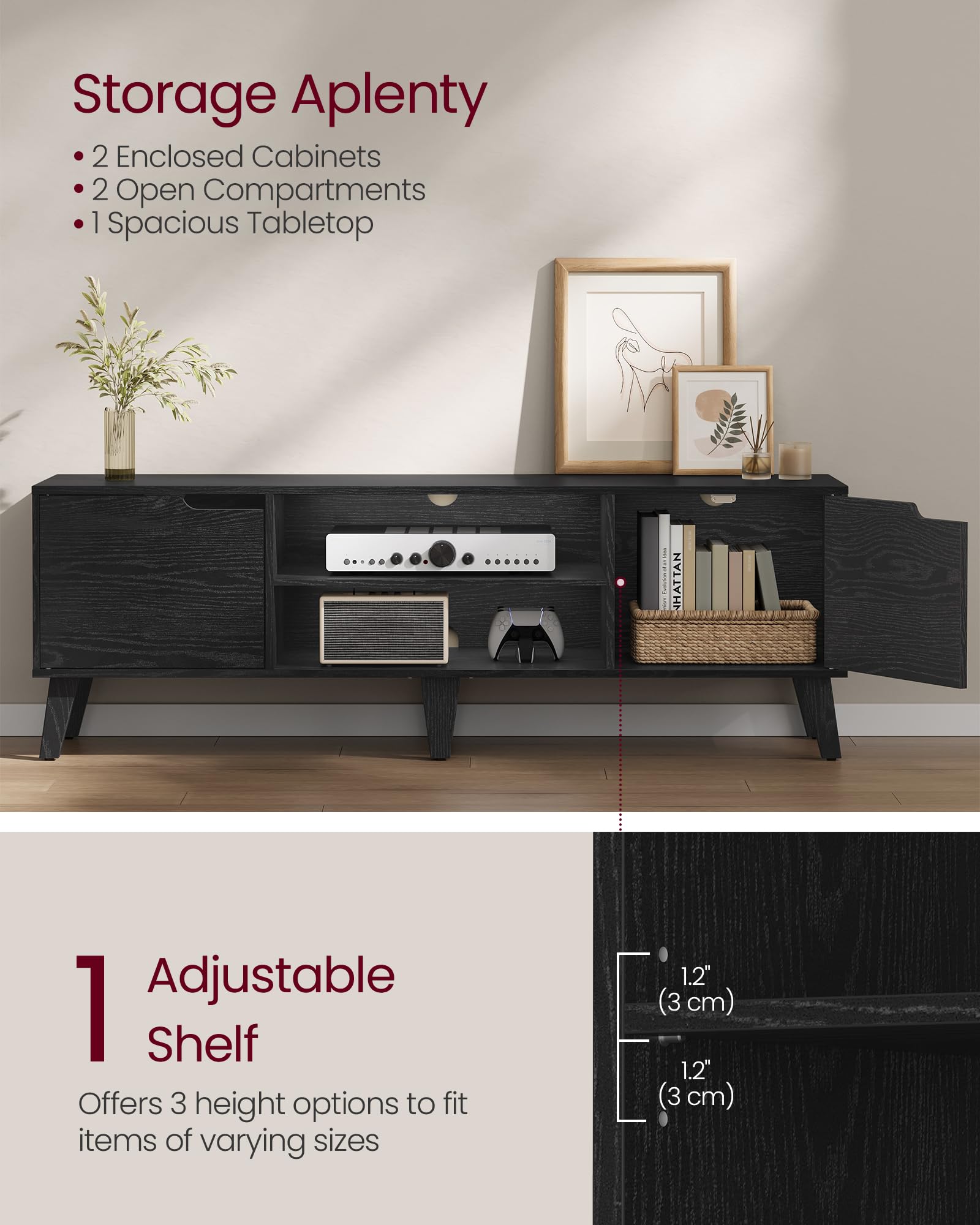 58" TV Stand with Adjustable Shelf & Storage Cabinets