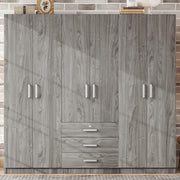 Merax Large 6 Doors Wooden Wardrobe, Bedroom Tall Armoire Closet Organizer with Big Drawers, Hanging Rails and Shelves, Clothes Storage Cabinet for Garage & Laundry Room, Grey