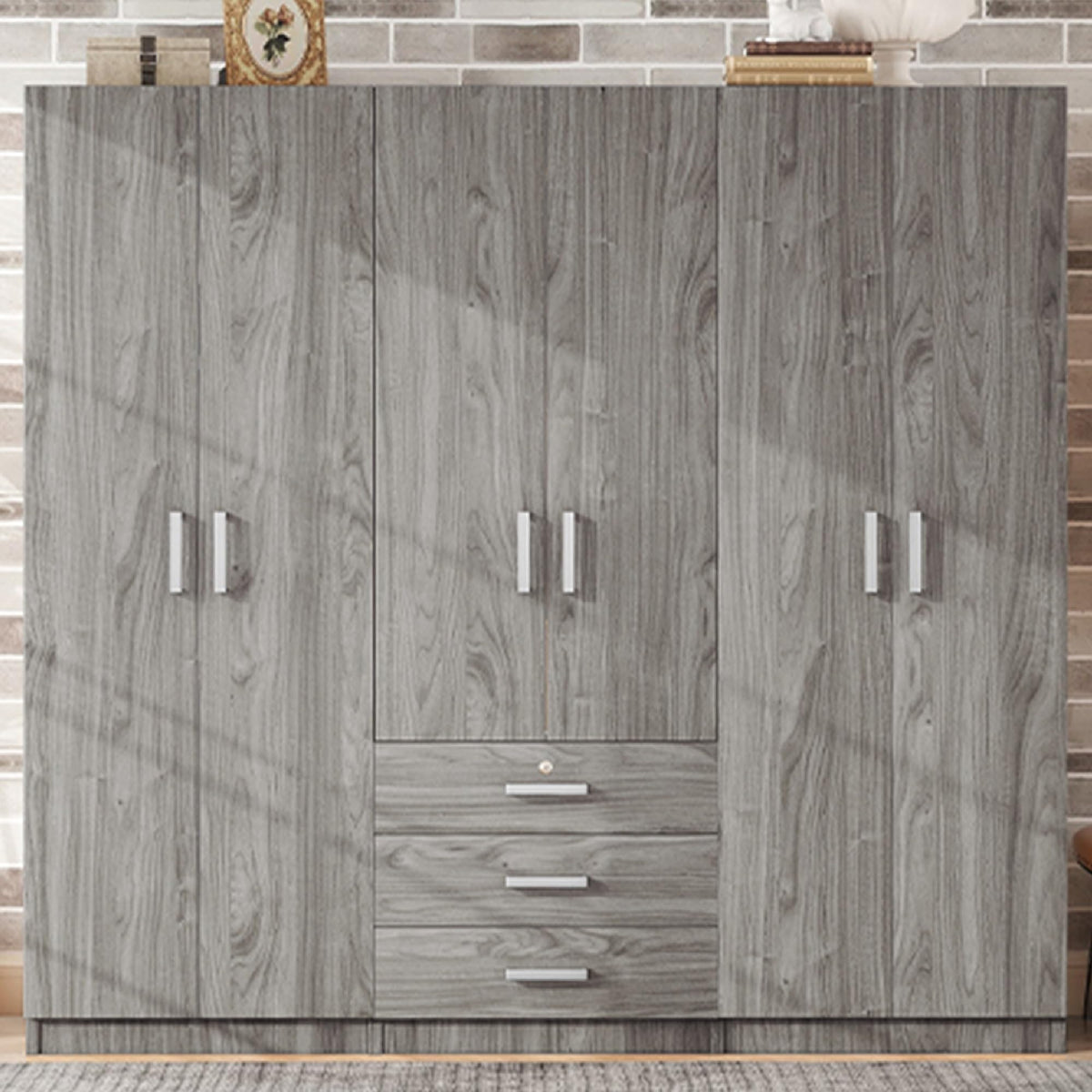 Merax Large 6 Doors Wooden Wardrobe, Bedroom Tall Armoire Closet Organizer with Big Drawers, Hanging Rails and Shelves, Clothes Storage Cabinet for Garage & Laundry Room, Grey