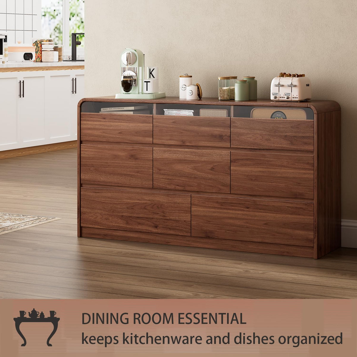Ieejdn 47.2" Dresser with 6 Drawer, Wide Dresser with Recessed Glass Display & Silent Metal Rails, Handleless Chest of Drawers for Clothes, and Bedding, Walnut