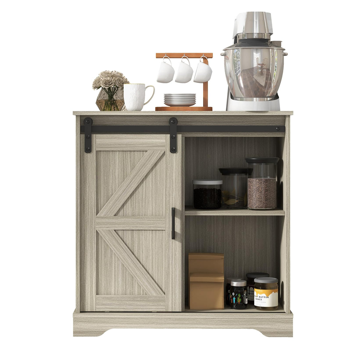 Panana Sliding Barn Door Buffet Sideboard Storage Cabinet Coffee Bar Kitchen Farmhouse Style (Oak)