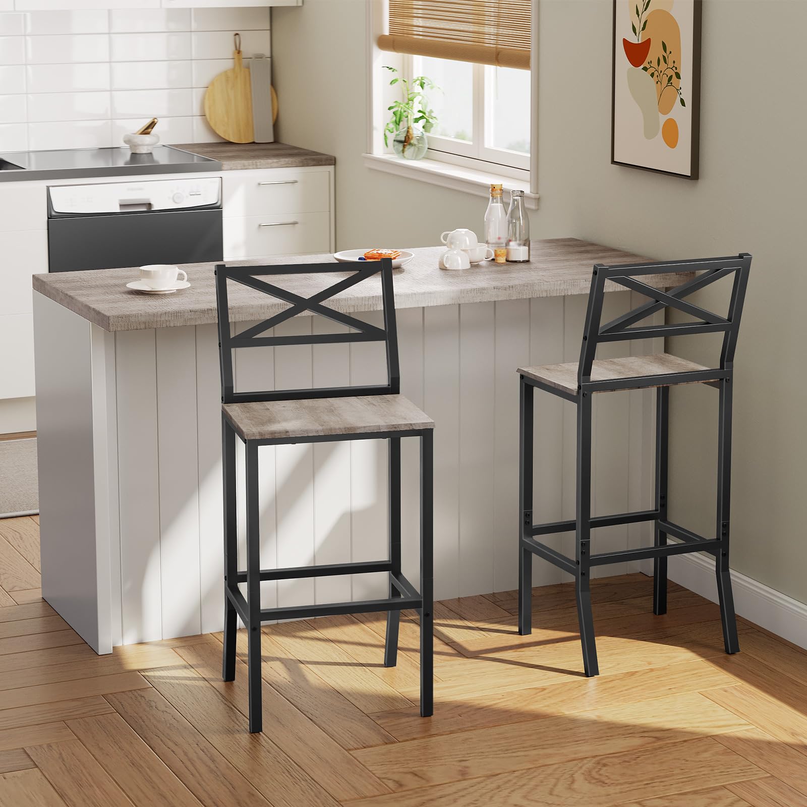 Bar Stools Set of 2 with Backrest & Footrest, 26" Counter Height