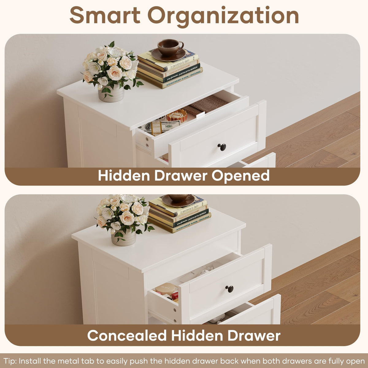 wanan Nightstands Set of 2 with Hidden Drawer, White