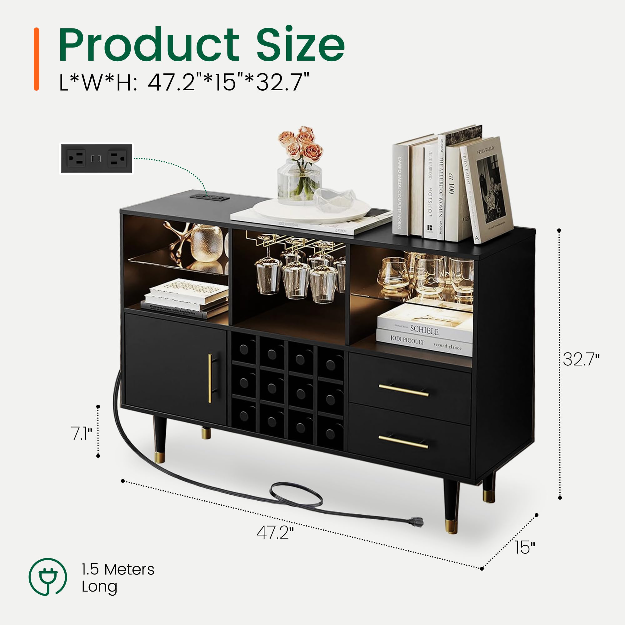 LARMACE 47.2" Modern Wine Bar Cabinet with LED Lights, Liquor Cabinet with Doors and Storage, Coffee Bar Station and Buffet Sideboard for Home Bar,Kitchen,Living Room,Black