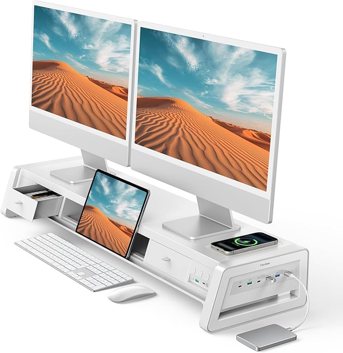 Dual Monitor Stand Riser with Drawers, USB Ports & Wireless Charging