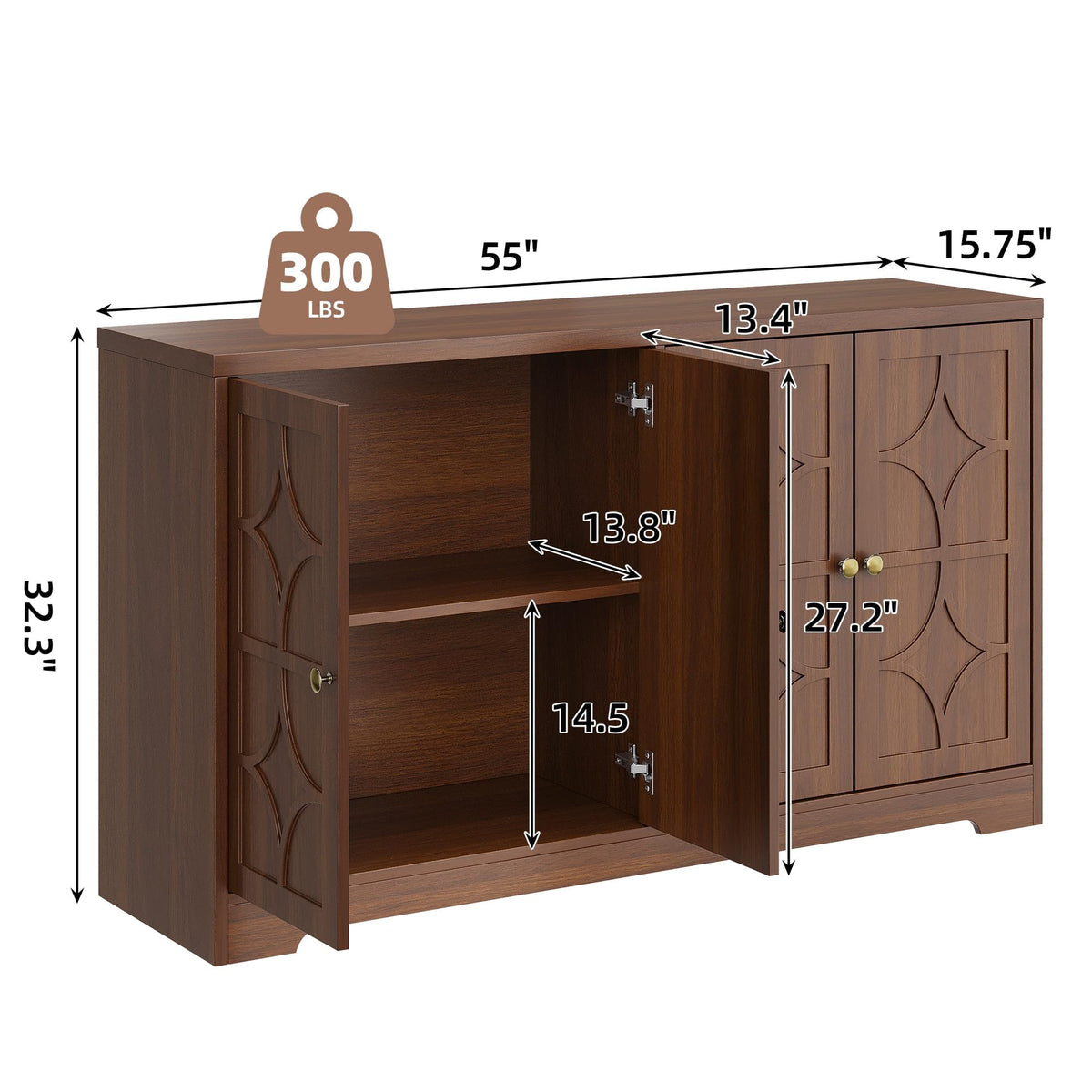 Garvee Sideboard Buffet Cabinet with Storage, 56" Modern Sideboard, Brown