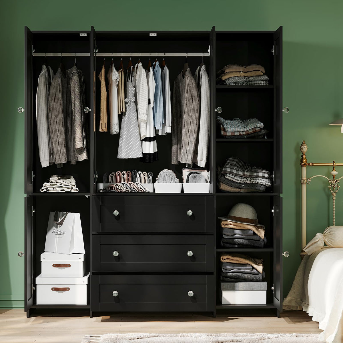 Black Mirrored Wardrobe with Drawers