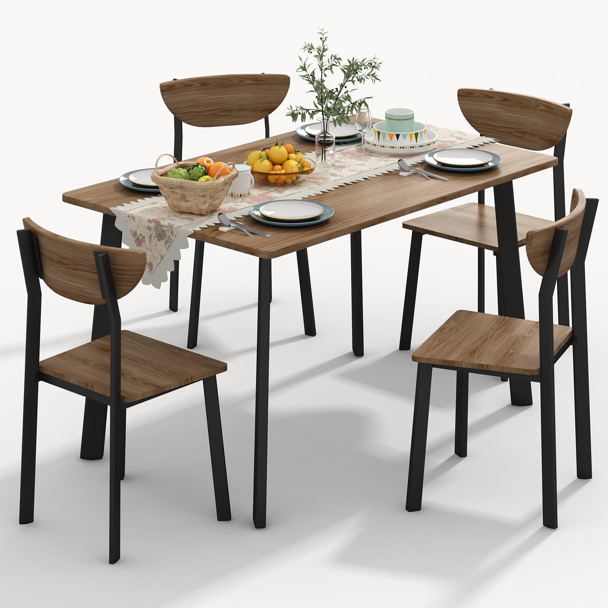 AWQM Dining Table Set for 4, Wood Kitchen Table and Chairs,Curved Backrest Kitchen & Dining Room Tables, Dinette Set for Small Space, Dining Room, Breakfast Nook, Apartment, Walnut