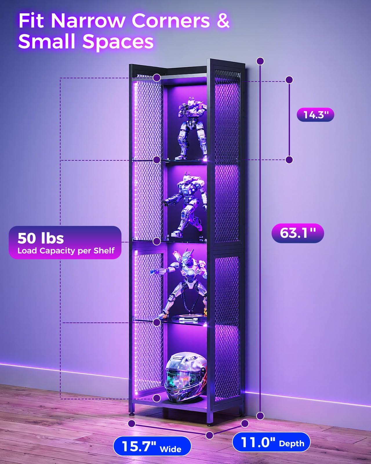 4-Tier LED Display Cabinet with Glass Shelves