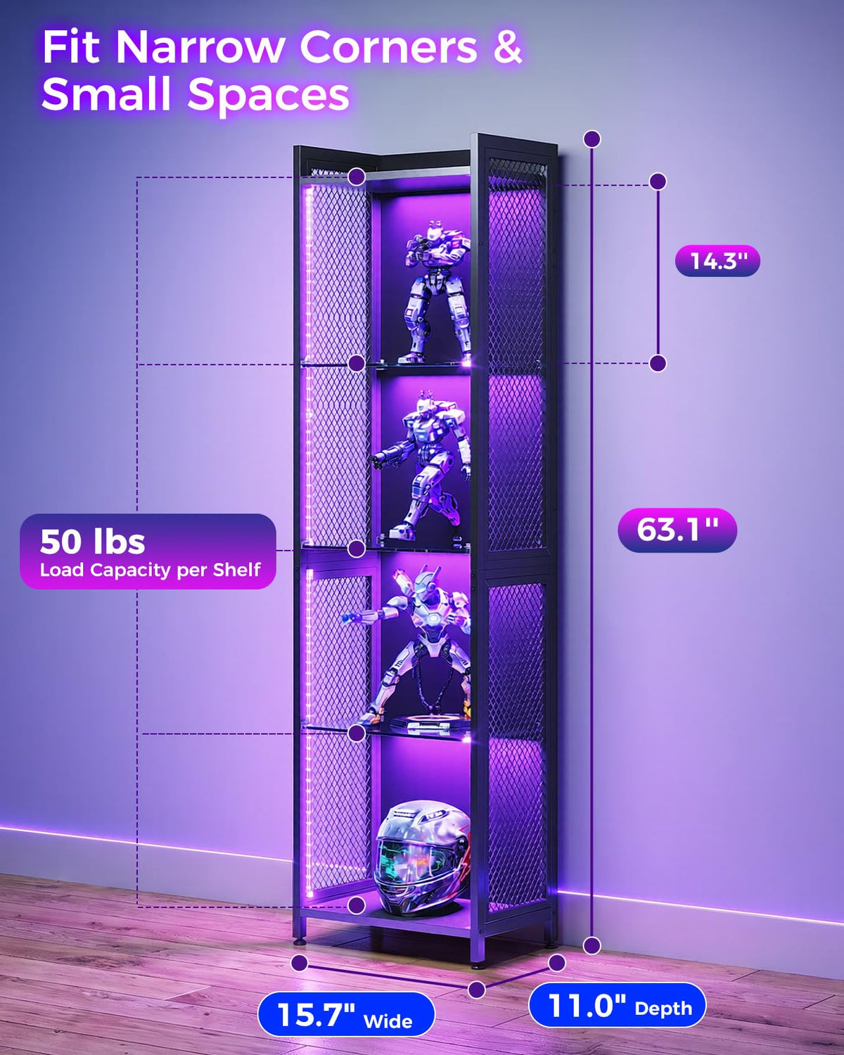 AODK RGB Display Case with Glass Shelves, 4-Tier Corner Display Cabinet