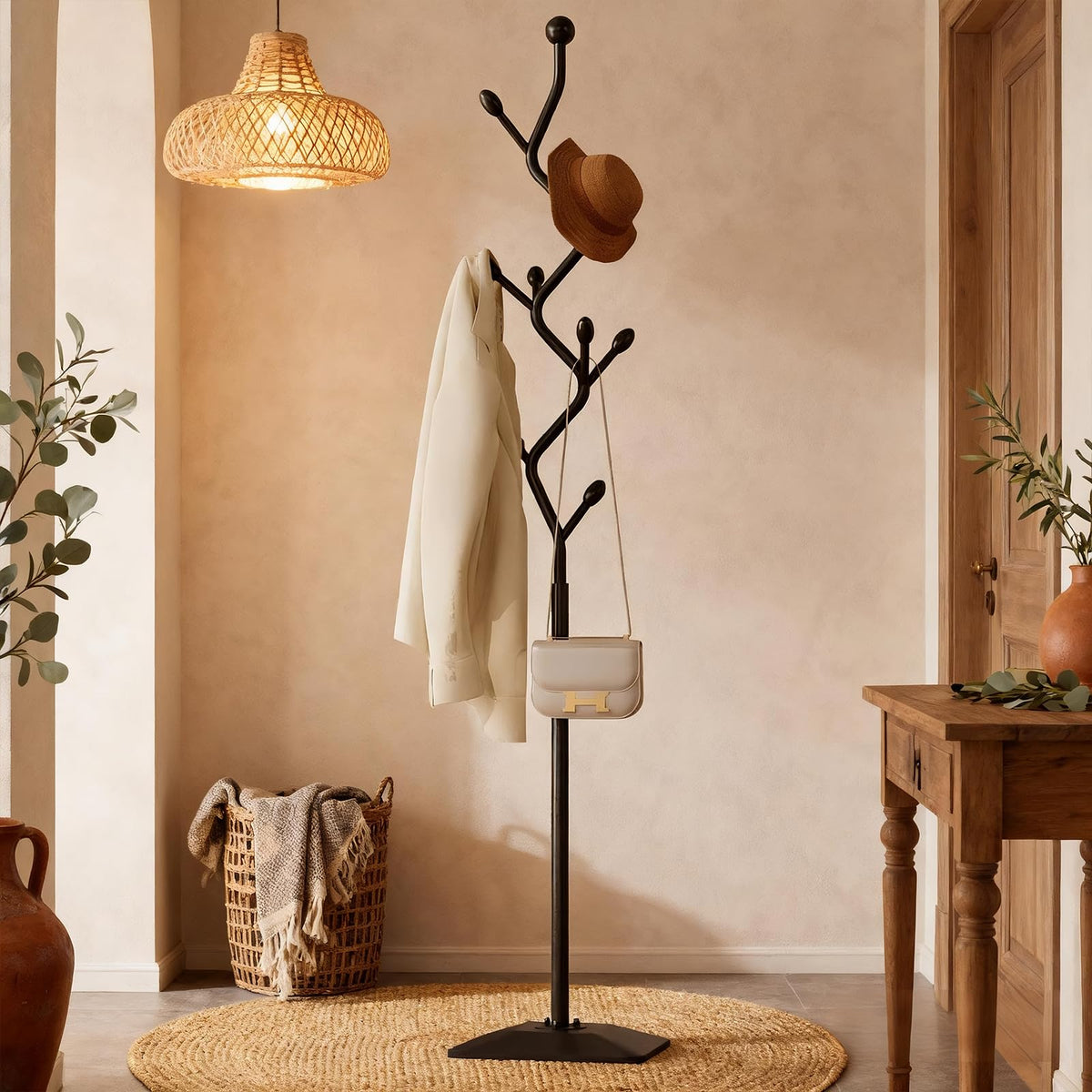 HAZHEYE Coat Rack,Metal Coat Tree Freestanding with 8 Hooks, Creative Design Tree Branch-look,Standing Coat Rack,Coat Hanger Stand with Stury cast iron Base for Entryway, Hallway, Bedroom (black)