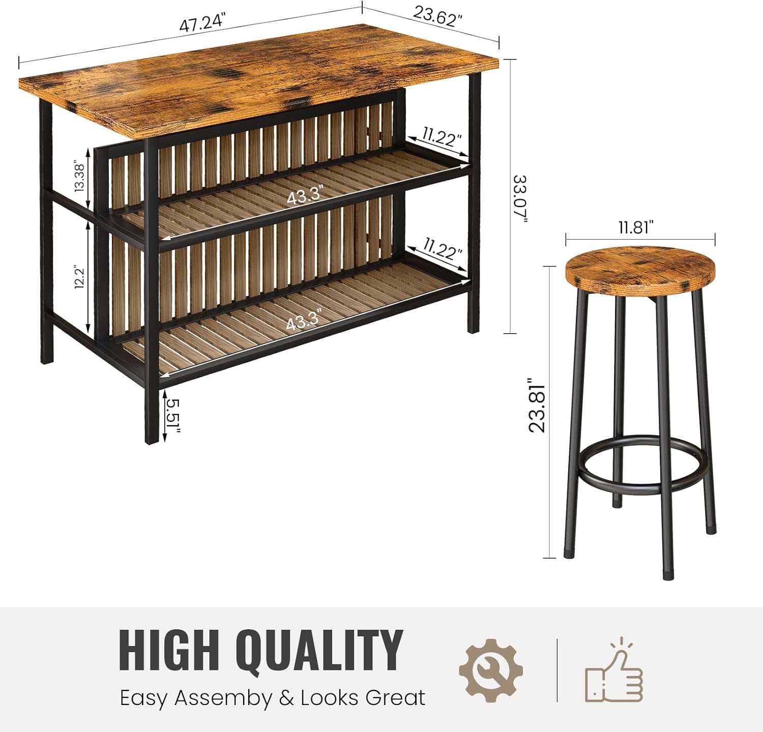 3-Piece Industrial Bar Table Set with Storage