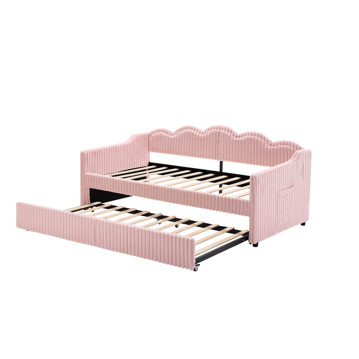 Twin Size Faux Fur Upholstered Daybed with Trundle, Side Pockets, Pink