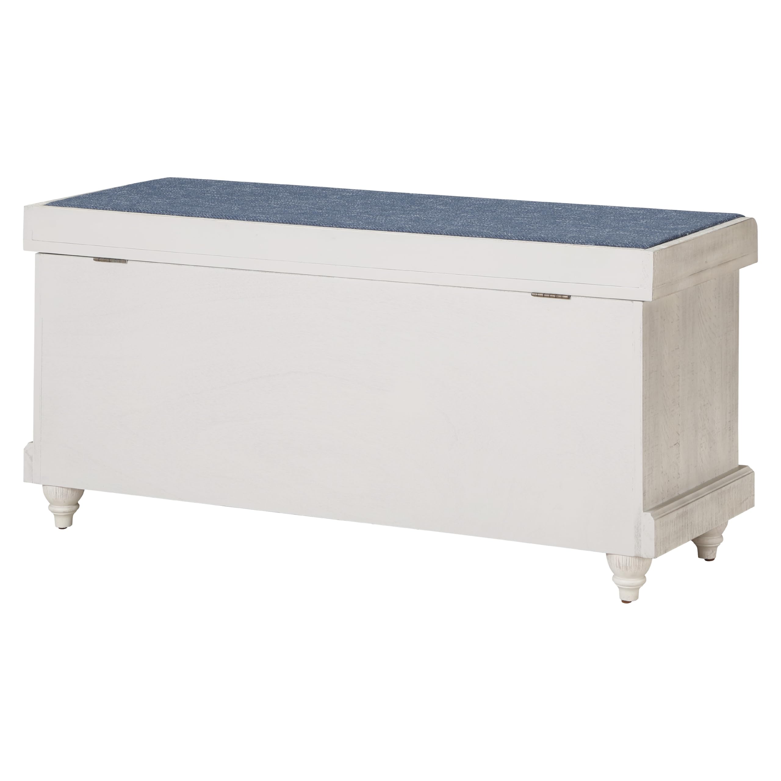 OSP Home Furnishings Dover Coastal Lift-Top Storage Bench with Shutter Face Styling, Distressed White Finish with Navy Fabric Cushion