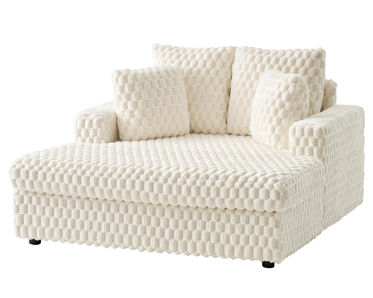 VanAcc 58"×53" Chaise Lounge Indoor, Upholstered Sofa Bed with Throw Pillows and Armrests, Sleeper Bed- Plush Lounge Chair for Living Room, White