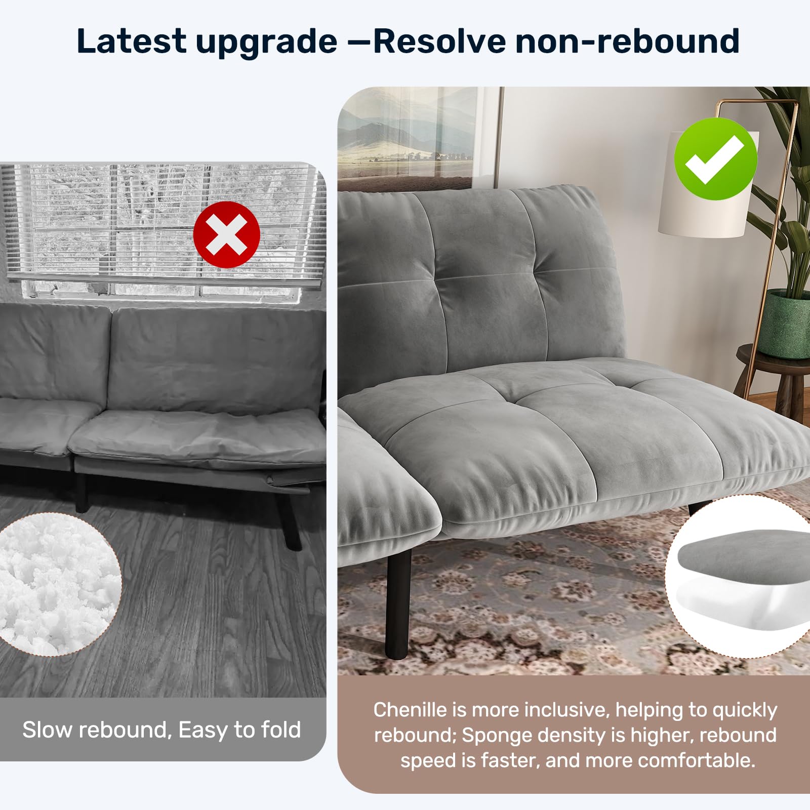 homeokay Futon Sofa Sleeper Couch Bed with Adjustable Backrest Thick Cushion Velvet Fabric for Department Living Room Lounge Sofa Loveseat (Gray)