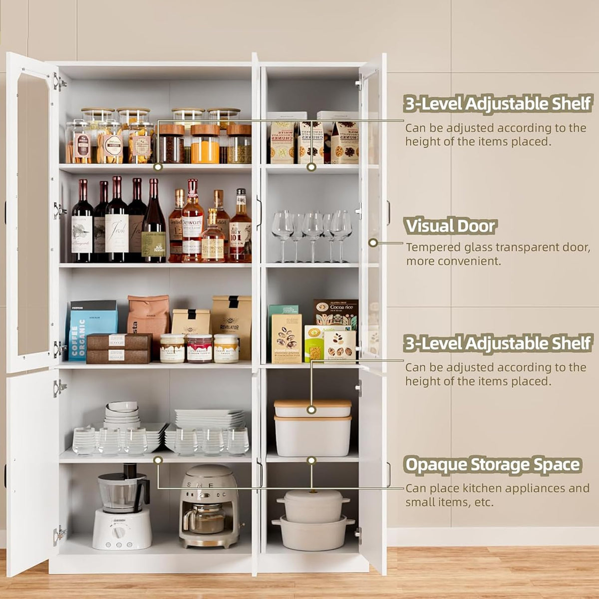 IdeaKey White Kitchen Pantry Cabinet, 78.7" Tall China Cabinet with Glass Doors and Adjustable Shelves, Wooden Display Cabinet for Dining, Living Room, White