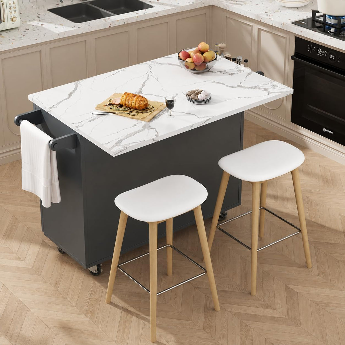 4 EVER WINNER 43" Kitchen Island with Drop Leaf, Rolling Kitchen Island
