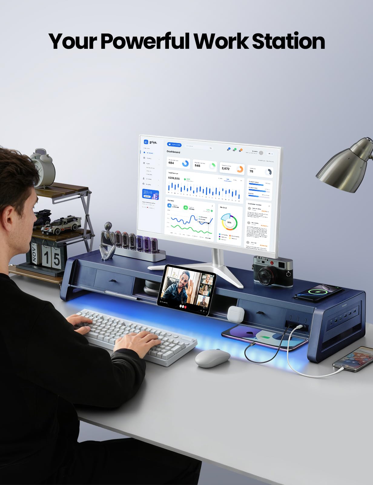 Dual Monitor Stand Riser with Drawers, USB Ports & Wireless Charging