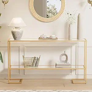 2-Tier Tempered Glass Console Table with Metal Frame