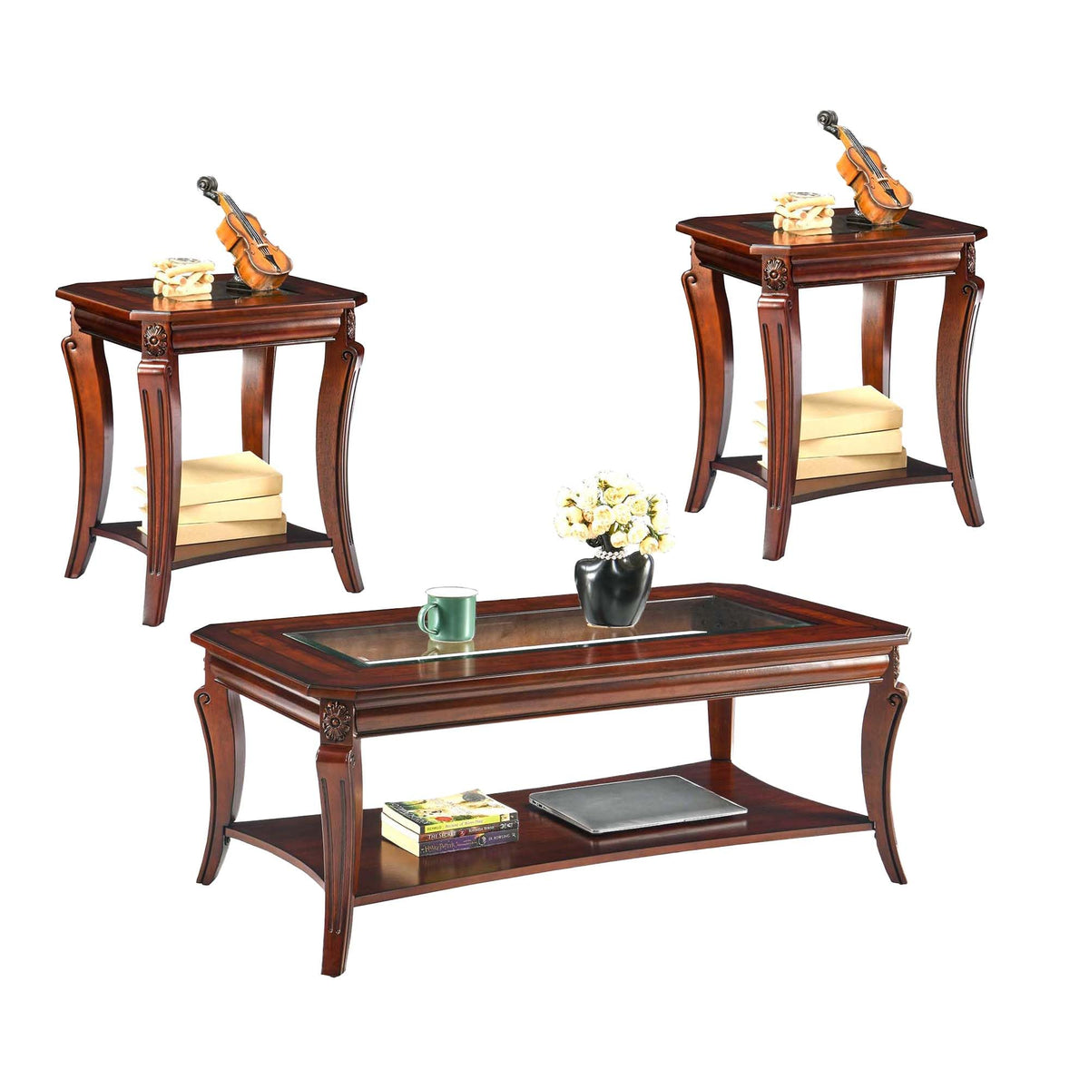 Living Room Tables Set of 3- One Coffee Table and Two End Table with Tempered Glass Top, Mid-century Sofa Beside Table and Center Table with Carved Legs, Easy Assembly Cherry Brown KFZ-CJZ-A1168-GT