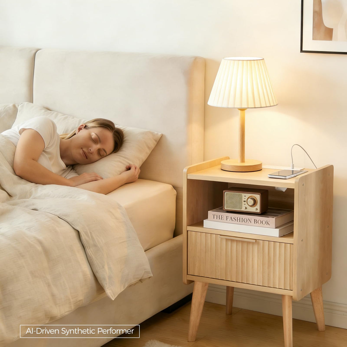 MAHANCRIS Natural Nightstand with Charging Station, Modern Fluted End Table