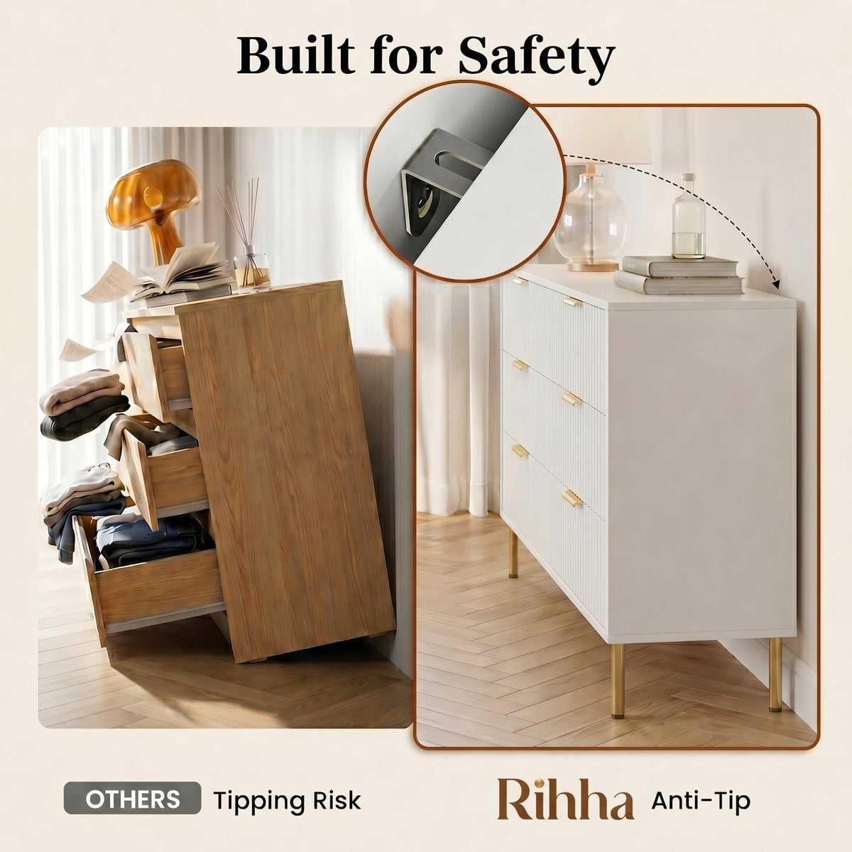 3-Piece Fluted Dresser and Nightstand Set, White and Gold