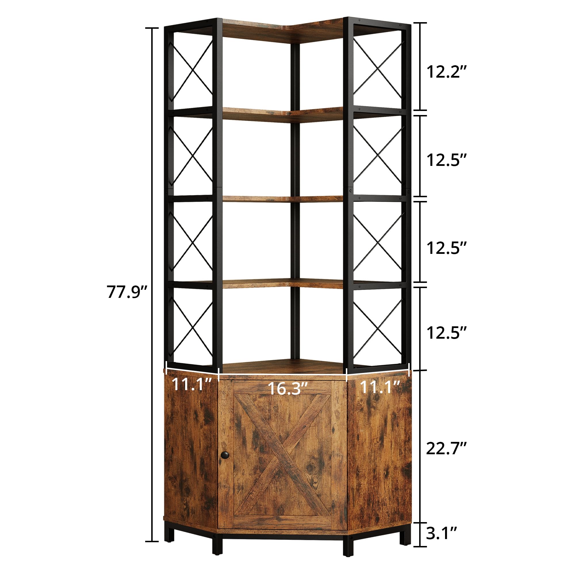 IRONCK Corner Bookshelf with 5-Tier Open Shelves, 77.9" Tall L-Shaped Bookcase with Enclosed Cabinet, Adjustable Feet, Anti-Tip Device, Walnut