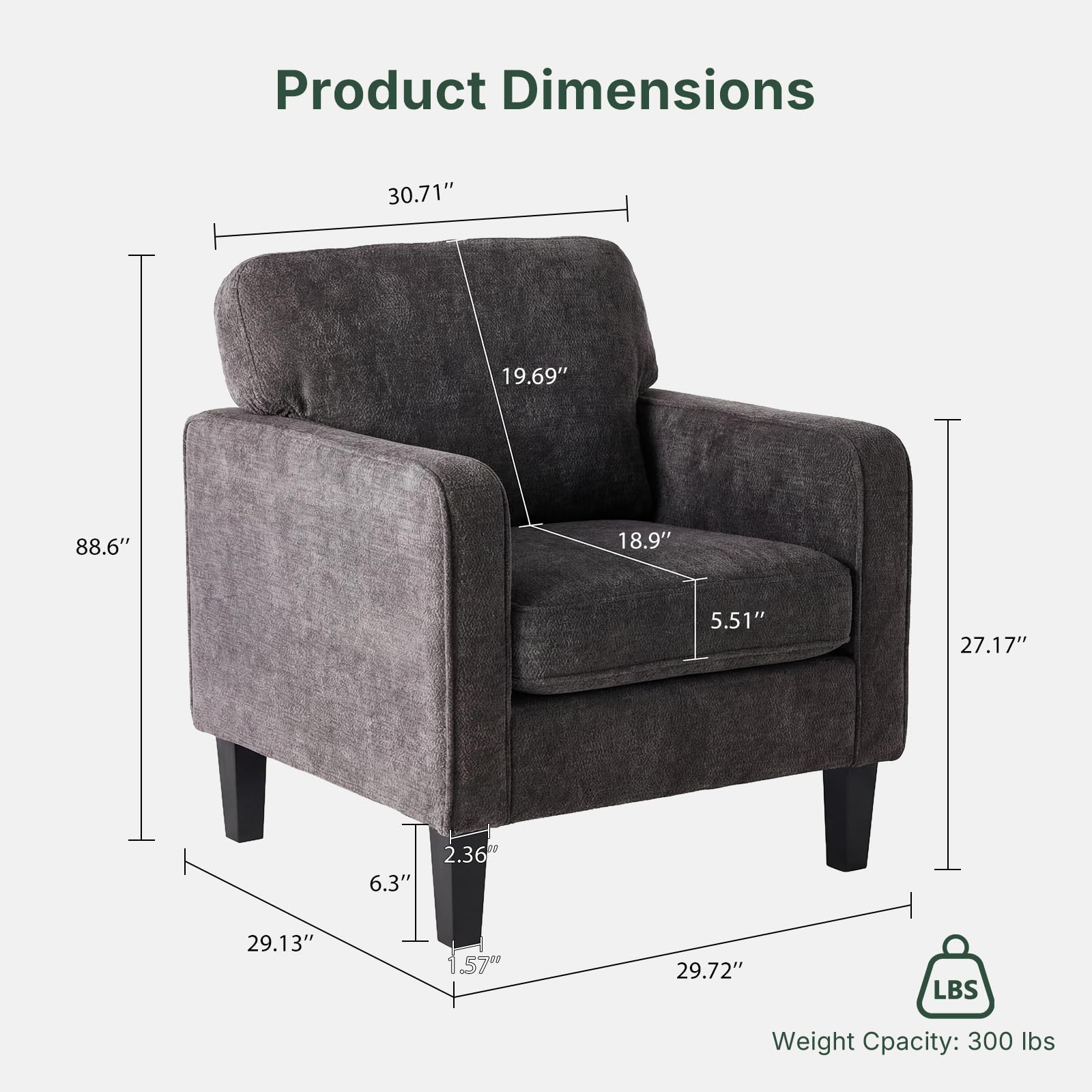 HAPPYMONT Modern Accent Chairs for Living Room, Corner Chairs for Adults, Reading Chair with Armrest and Backrest, Comfy Lounge Chairs for Bedroom Reception Waiting Room, Dark Grey 1 Pack