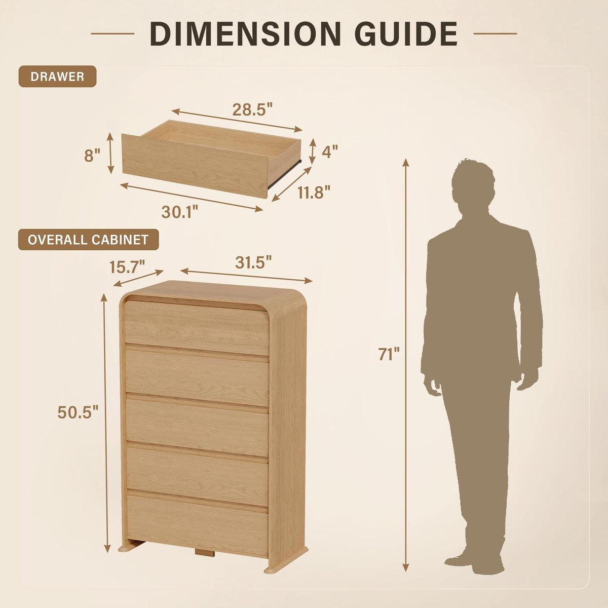 YESHOMY 5-Drawer Dresser for Bedroom, 50.5" Tall Chest of Drawers