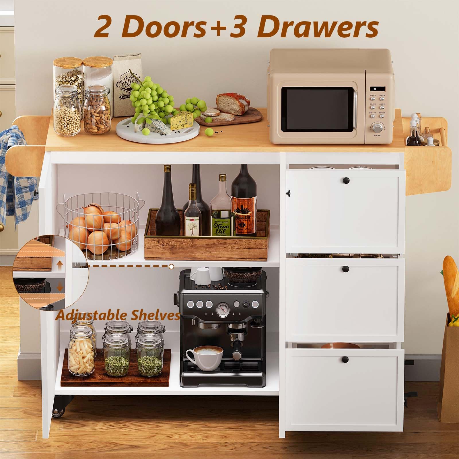 Kitchen Island with Storage, Rolling Kitchen Island on Wheels with Drawers and Doors, Mobile Kitchen Island with Towel Rack and Spice Rack, Wood Top Kitchen Cart with Power Outlet for Kitchen (White)